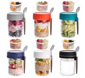 6 Pack Overnight Oats Containers with Lids and Spoons, 16 OZ Glass Mason Jars with Removable Separate Compartments, Airtight Leak Proof Oatmeal Container for Chia Pudding, Yogurt, Breakfast, Cereal