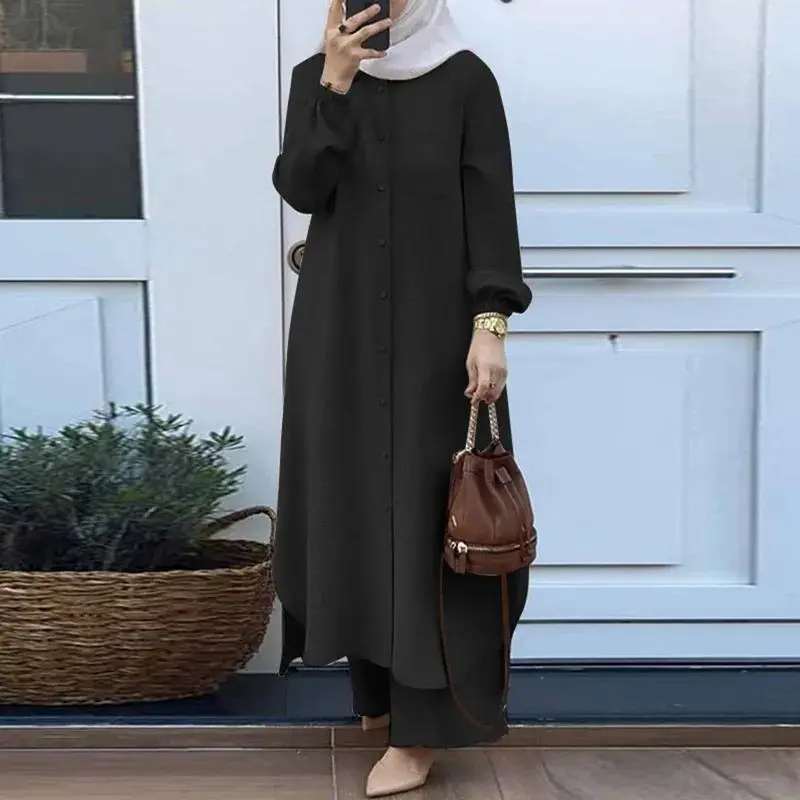 Women Chic Eid Musulman Ramadan Muslim Sets Solid Shirts Wide Leg Pants Islamic Clothing Two Pieces Dubai Kaftan Prayer Clothes Plus Size Jilbab Casual, effortless layering, chic everyday, refined casual