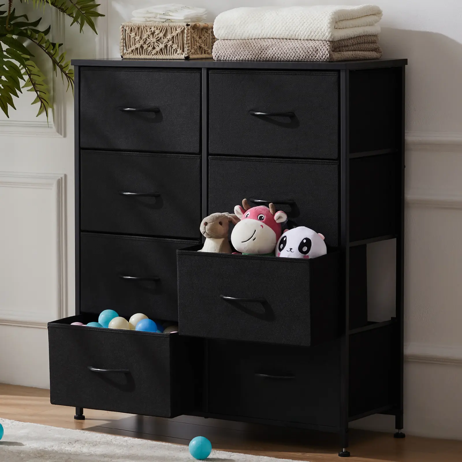 DUMOS 8 Drawers Wooden Tower Cabinet with Wipe-Clean Bins, Sturdy Steel Frame, Daily-Use Wooden Top, Sliding Door - Bedroom Furniture, Dresser Vanity Organizer Storage, Drawers for Bedroom, Small Apartment Storage