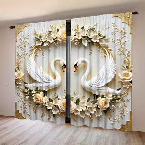 Elegant Floral Swan Print Curtains Set, 2pcs Snowflake Pattern Home Decoration Curtain, Window Drapes, Ideal for Living Room Balcony Bedroom Windows