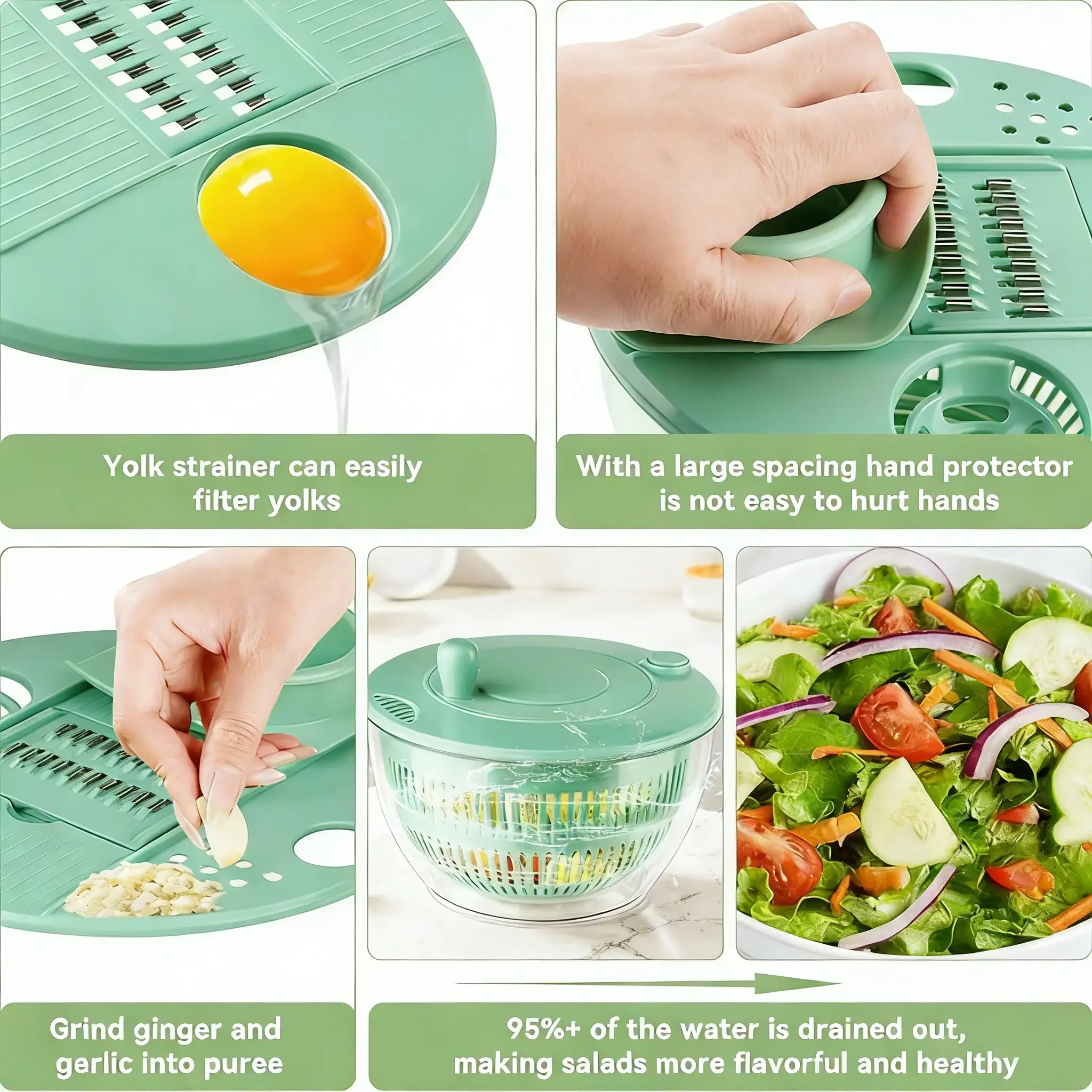 All-in-One Kitchen Salad Spinner: Wash & Dry Produce, Multi-Blade Slicing, Vegetable Cutting, Egg Yolk Separation in One Step