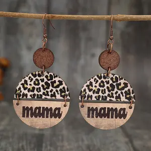 Mama Wooden Leopard Round Shape Earrings with "Mama" Bead and Wooden Frame