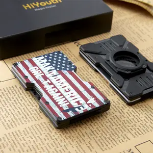 Mimimalist Mens Wallet with Airtag Holder Compatible with Mag Safe Magnetic Wallet Phone Stand Made of Aluminum & Carbon Fiber Holds Up to 15 Cards American Flag Design