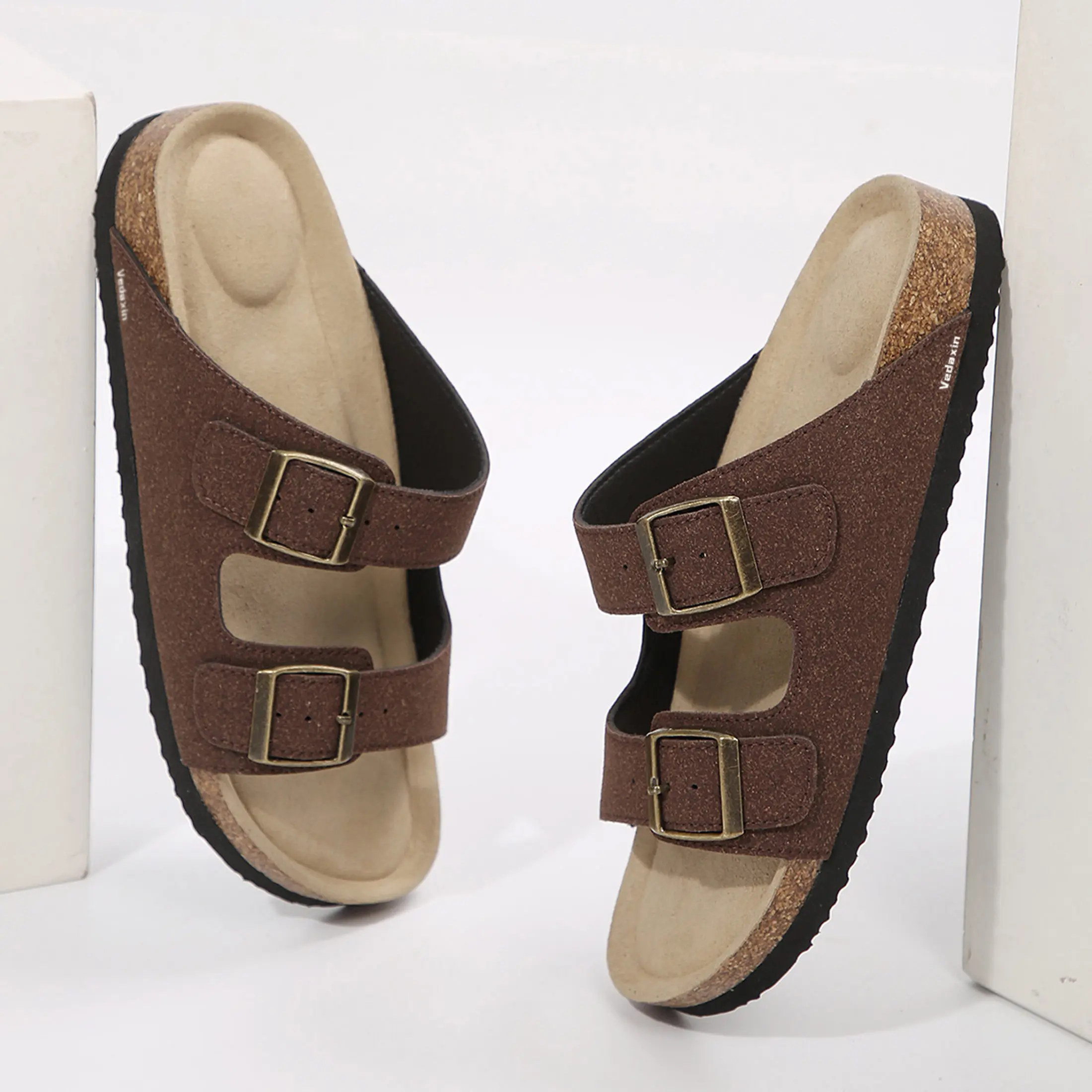 Womens Flat Sandals Cork Footbed Slides with 2 Adjustable Buckle Slip on Slides Summer Open Toe Beach Sandals