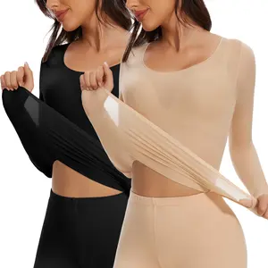 1/2 Pack Women's Lightweight Crew Neck Base Layer Warm Thermal Underwear Tank Top,  Long Sleeve 4-Way Stretch Thermal Undershirt for Winter Cold Weather Womenswear