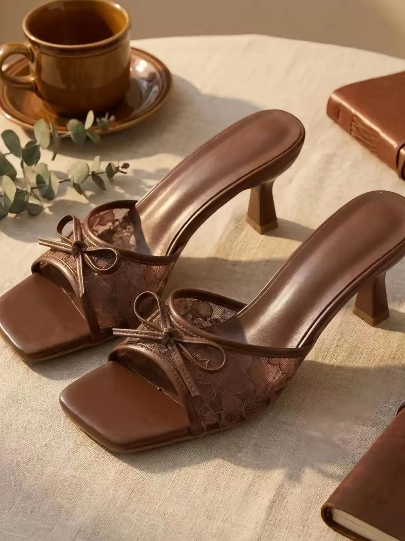 Women's Summer Lace Bow Kitten Heel Dressy Sandals, Square Toe Mesh Slip on Mules, Elegant Vintage Hollow Out Dress Pumps, Comfortable Mid Heel Slides, Elegant Fashionable Sandals, Chic Summer Footwear