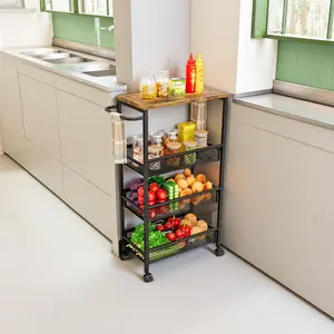 Modern 4-Tier Rolling Cart - Space Saving Kitchen/Bathroom Storage with Wheels & MDF Top| Sturdy Metal Handle