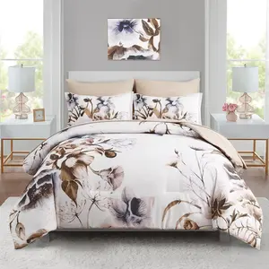 Floral Comforter Set Queen Size 7 Piece, Beige Flower Bed in a Bag, Elegant Floral Comforter with Sheet Set, Soft Microfiber Bedding Set for All Season (Beige, 90"x90")