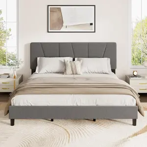 Grey Queen Size Upholstered Platform Bed Frame with Adjustable Headboard, Fits 8-14 Inch Mattress, Heavy Duty Bed Frame with Wooden Slats Support, Noise-Free, Non-slip, No Box Spring Needed, Easy Assembly