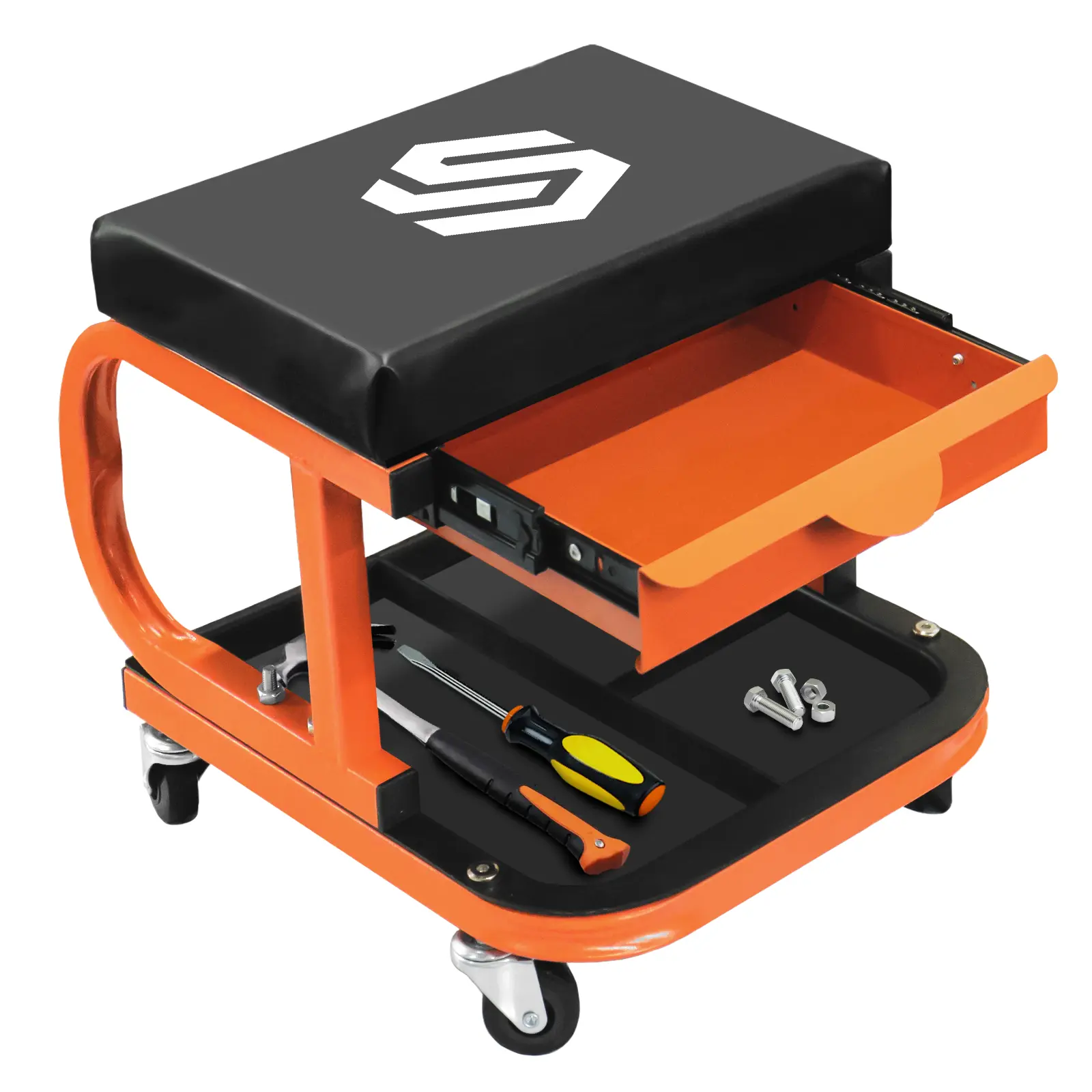 Sekam Heavy-Duty Rolling Mechanic's Shop Stool, Padded Seat, Pull-Out Tray, Storage Platform, 250LB Capacity Locking Casters, Tools Accessories Compatible