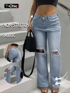 Women's Plain Ripped Button Fly Light Wash Denim Jeans, Fashion Casual Drop Waist Straight Leg Jeans for Daily Wear, Ladies Bottoms for All Seasons, Womenswear, Fitted Denim Pants
