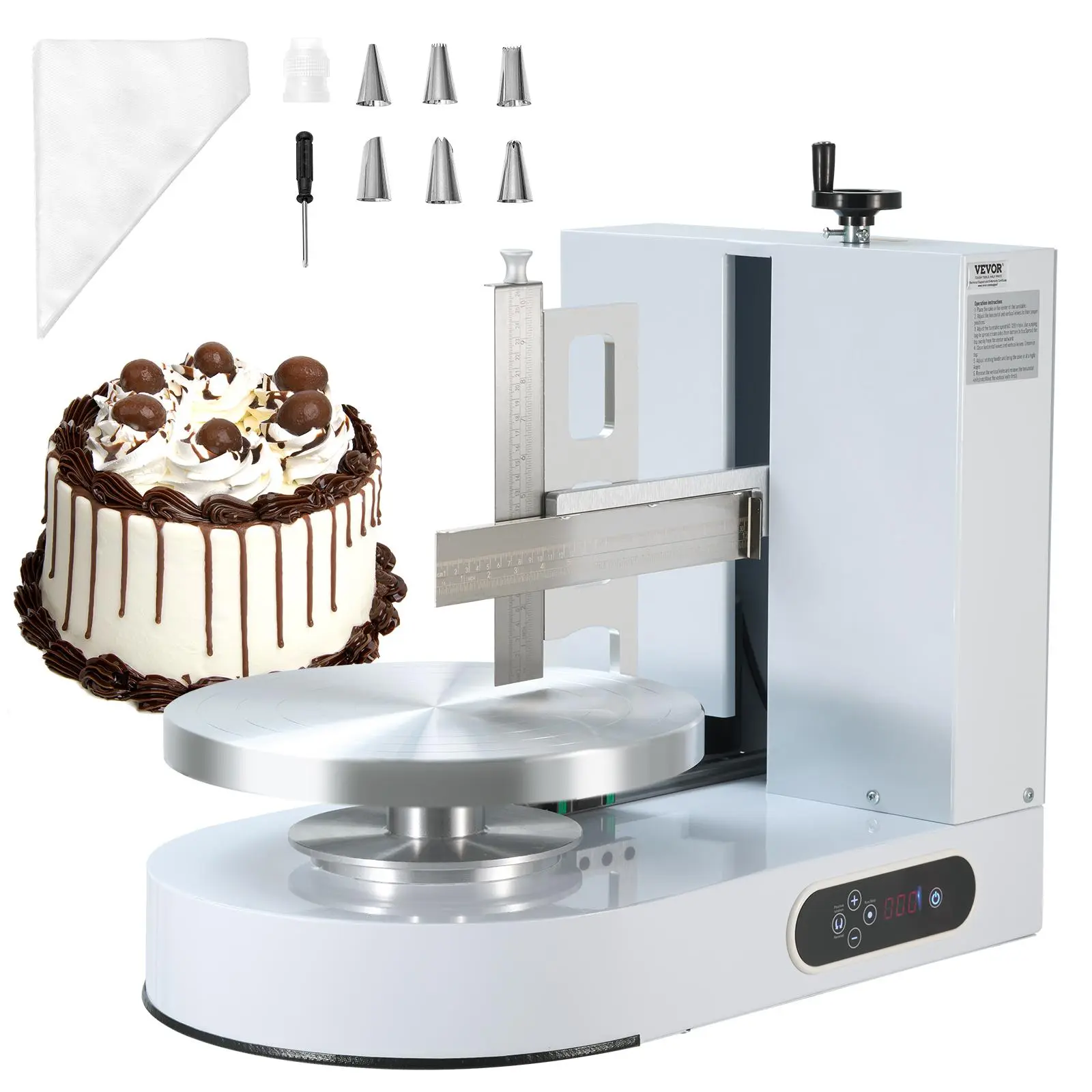 【Summerfinds】VEVOR Cake Decorating Machine, Cake Cream Spreading Coating Smearing Machine, Low Noise Cake Frosting Machine, Turntable with Adjustable Scraper, for 6" to 14" Cake, 25-320RPM Rotating Speed, White