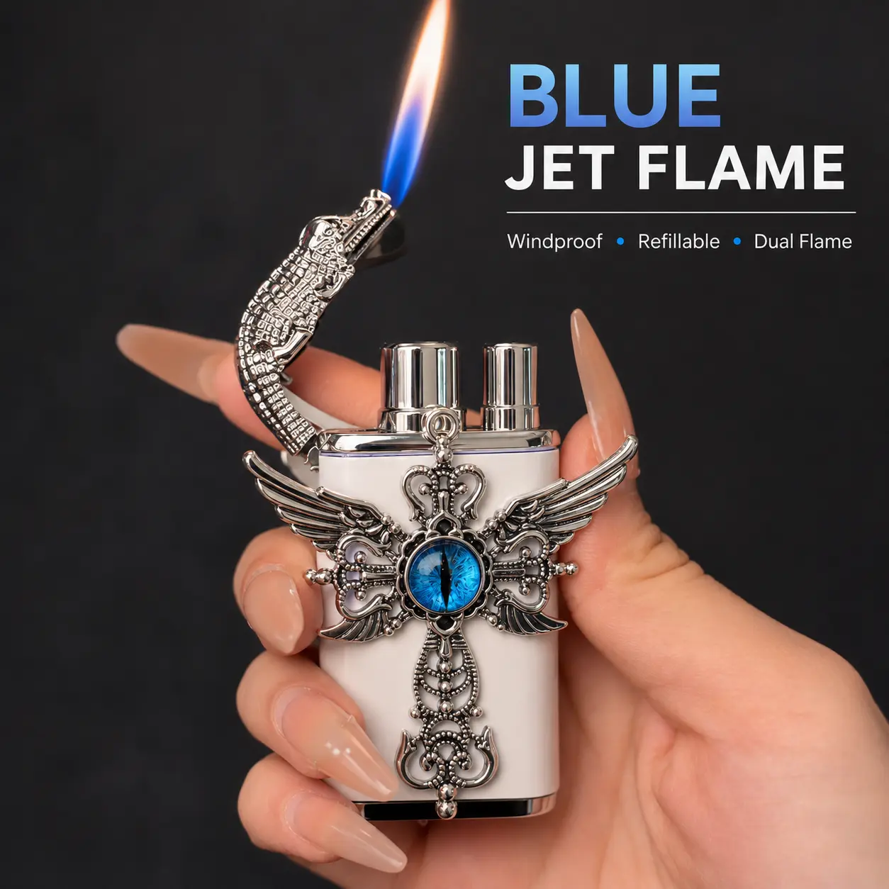 Cat Eye Double-Wing Lighter with Double-Head Flame (Without Butane) can be repeatedly filled with butane. It comes with a regulator and is an excellent gift option.