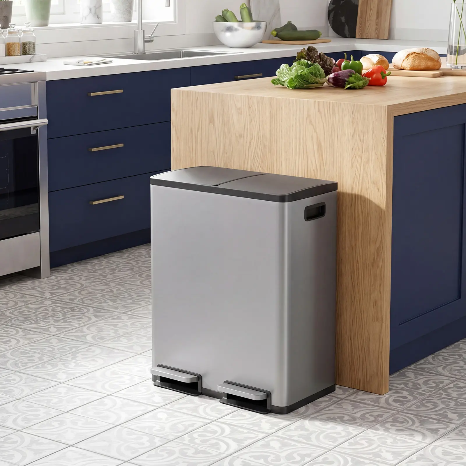 2-Compartment Pedal Trash Can, Fingerprint Resistant Stainless Steel Recycling Bin with Lids, Odor Block Waste Container for Kitchen, Apartment & Home