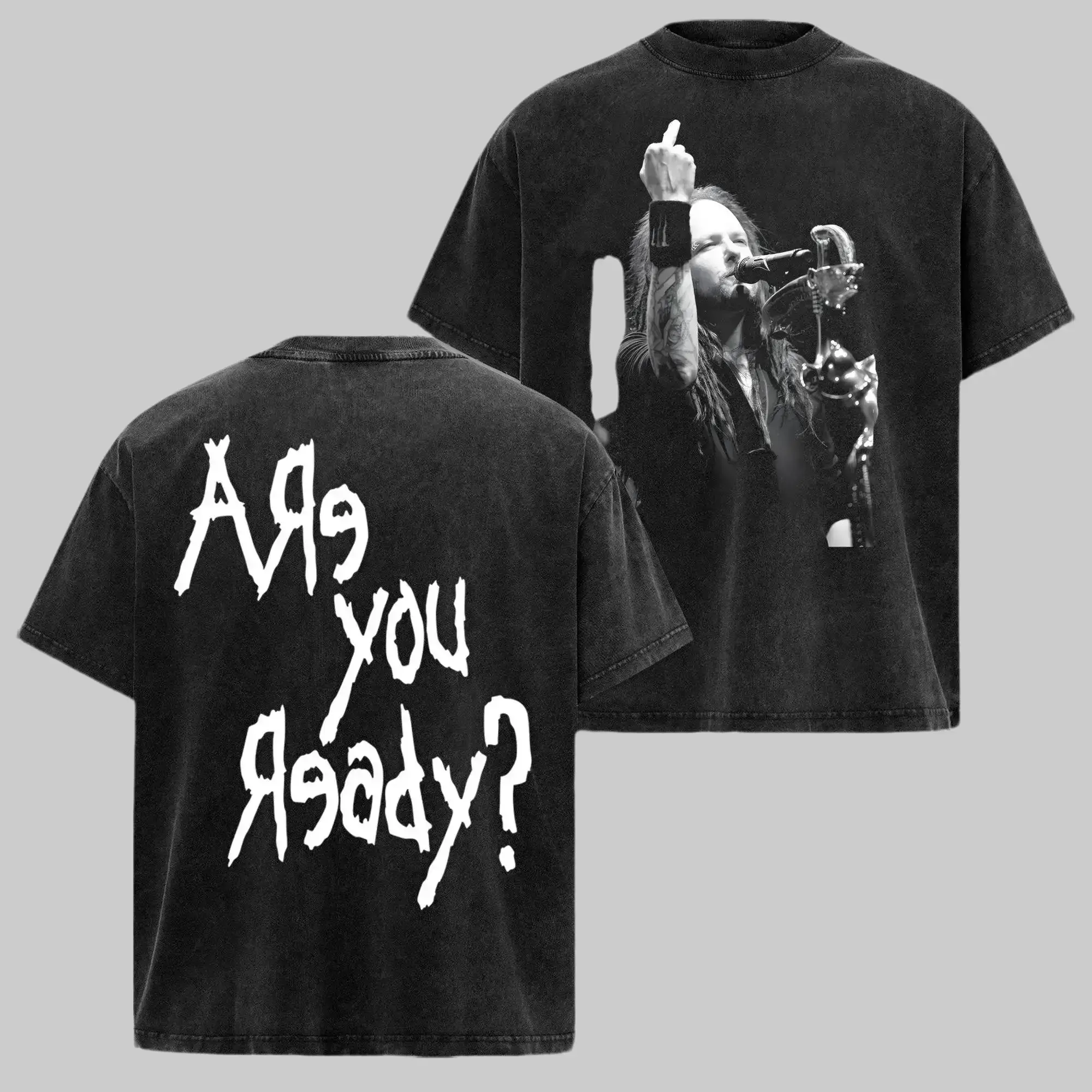 Men's Korn "Are You Ready?" Vintage 90s Rock Metal Graphic Short-Sleeve Top, Jonathan Davis Concert Streetwear Casual T-Shirt, Grunge Aesthetic Band Merch Menswear