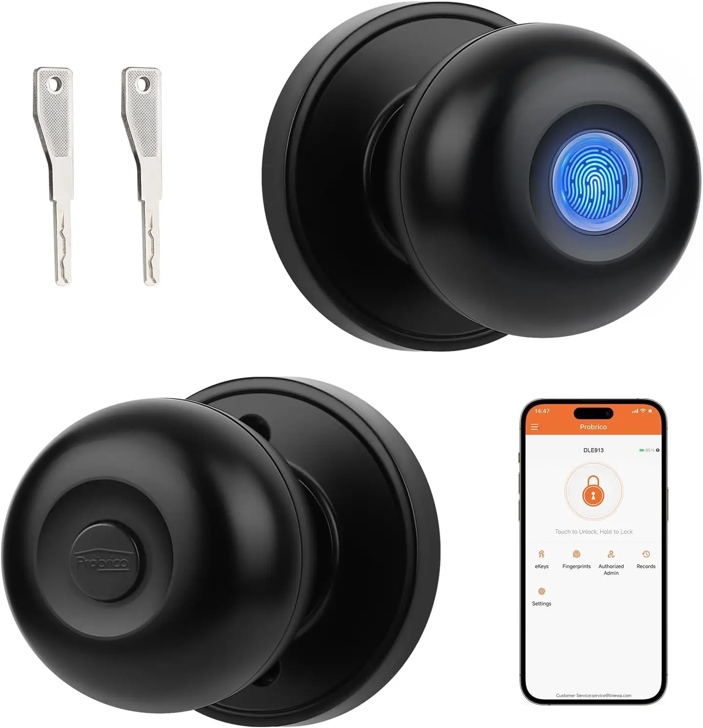 Probrico Smart Door Knob, Fingerprint Biometric Door Knob with Smart Lock Keyless Entry Door Lock with Knob, Round Electronic Door Lock for Bedroom,Garage,Office,Closet,Apartment
