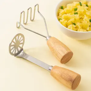 Stainless Steel Potato Masher Set, Standing Wooden Handle Manual Food Processor, Baby Food Masher, Kitchen Essential Utensils for Moms