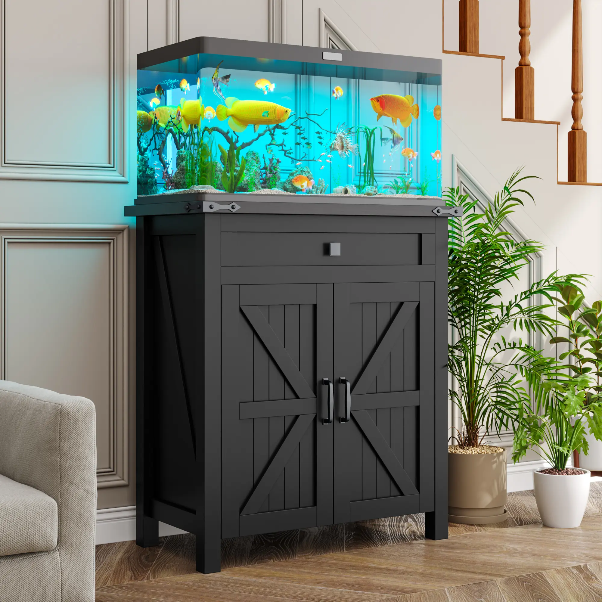 Kepptory 20 Gal 6-in-1 Smart Wooden Fish Tank Stand - 4 AC Outlets, 2 USB Ports, Power Supply, Matte Finish, Adjustable Shelves, Farmhouse Decor Furniture for Home Organization (300 lbs Capacity), 6-In-1 Smart Cabinet