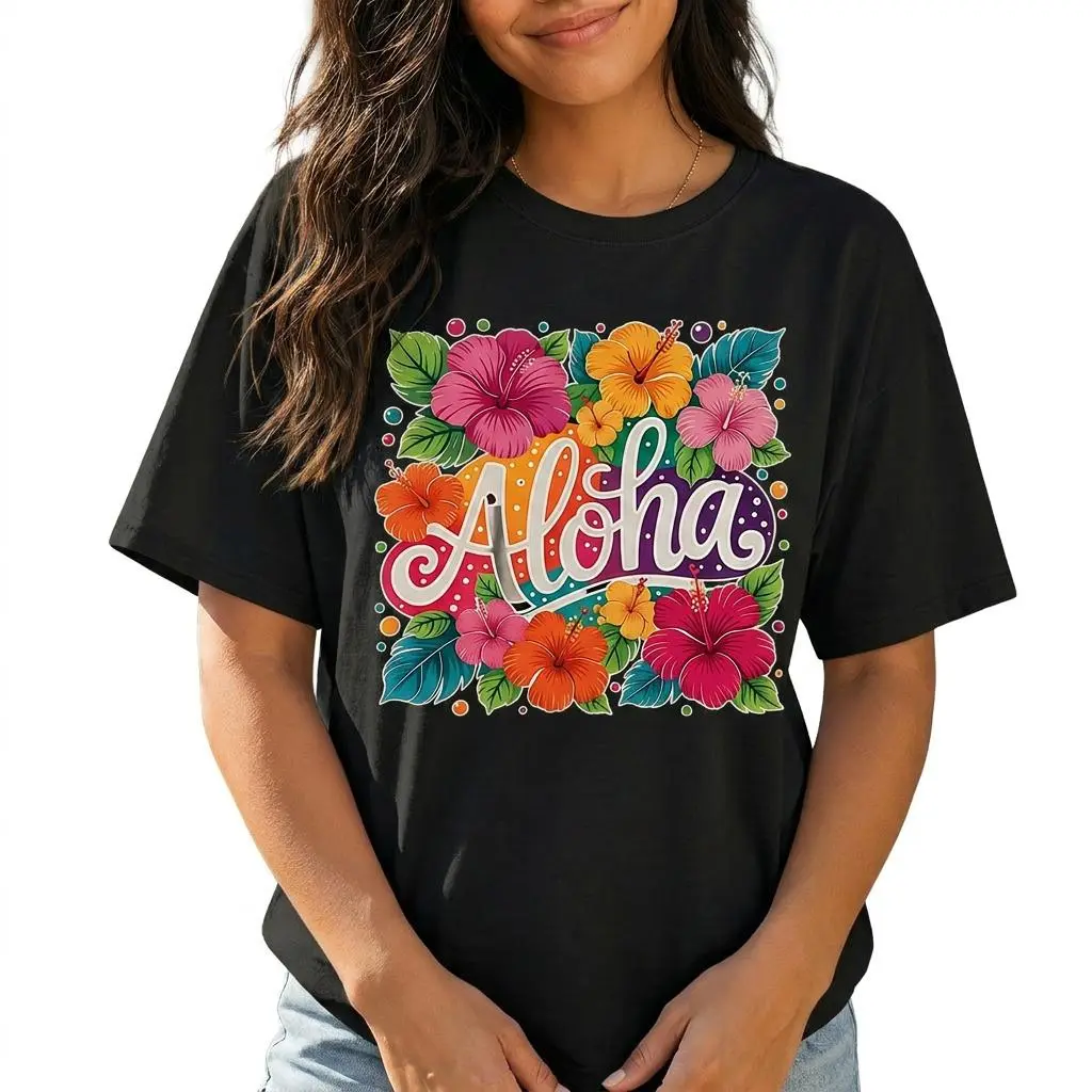 Aloha Tropical Floral Graphic Tee Women Plus Size Hawaiian Vacation Shirt
