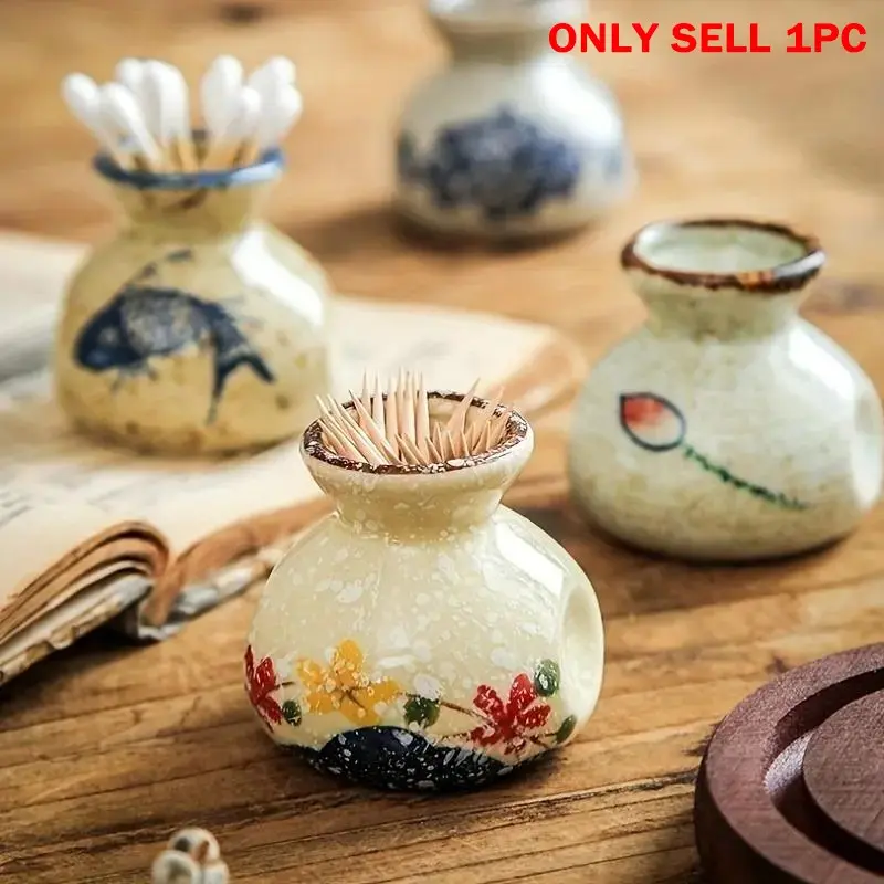 Vintage Ceramic Toothpick Holder, 1 Count Fish/Flower Pattern Storage Jar, Decorative Toothpick Organizer for Home, Kitchen Counter, Restaurant & Coffee Shop