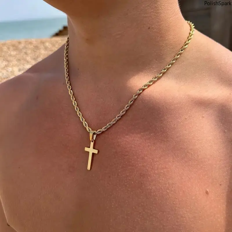 Men's Stainless Steel Cross Necklace - Minimalist Everyday Casual Fashion Jewelry with Twist Rope Chain, Tarnish-Resistant Religious Necklaces, Men's Accessories, Stainless Steel Jewelry