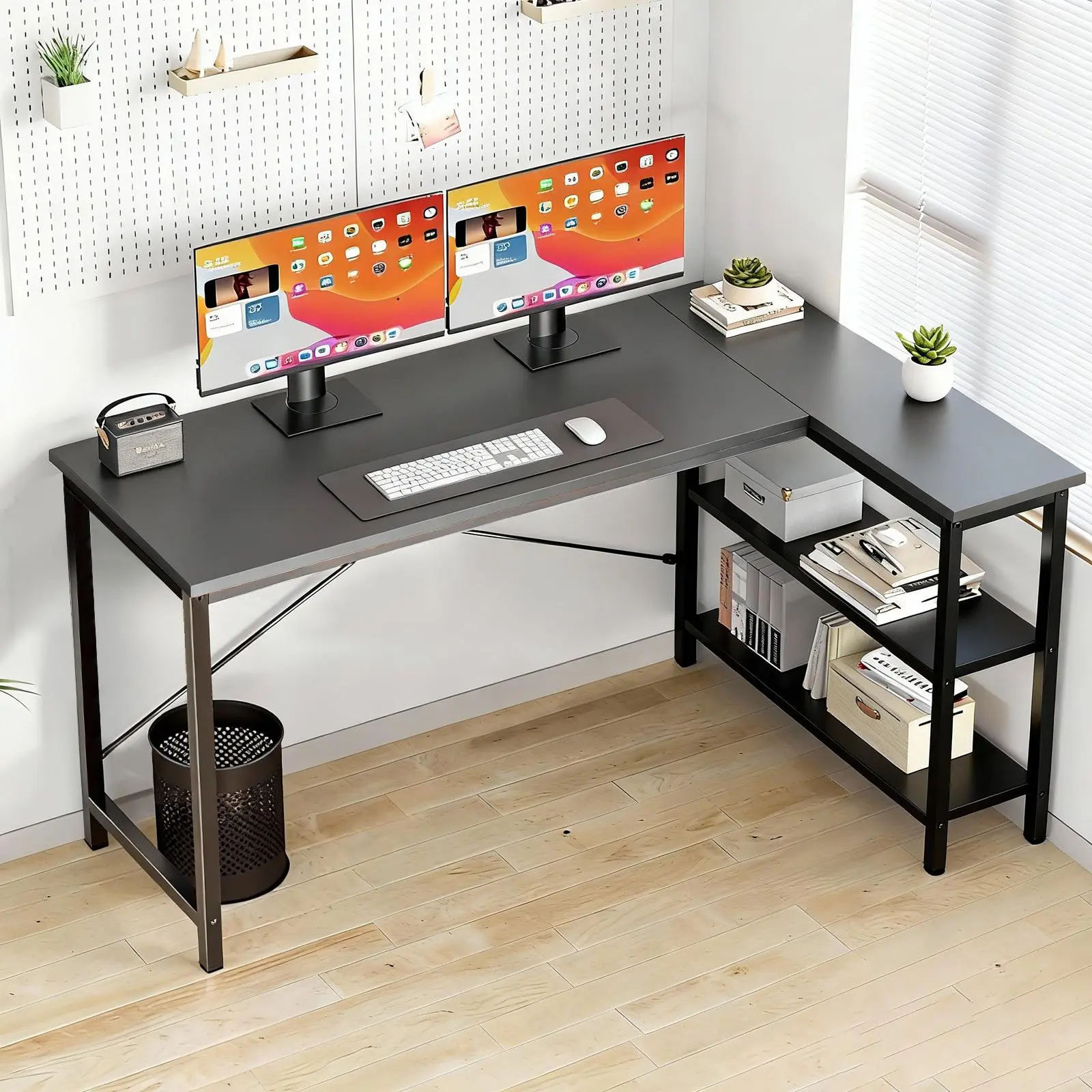 L Shaped Desk,Computer Desk with Reversible Storage Shelves, Gaming Desk, Corner Desk Home Office Desks, Writing Study Desk with Metal Frame