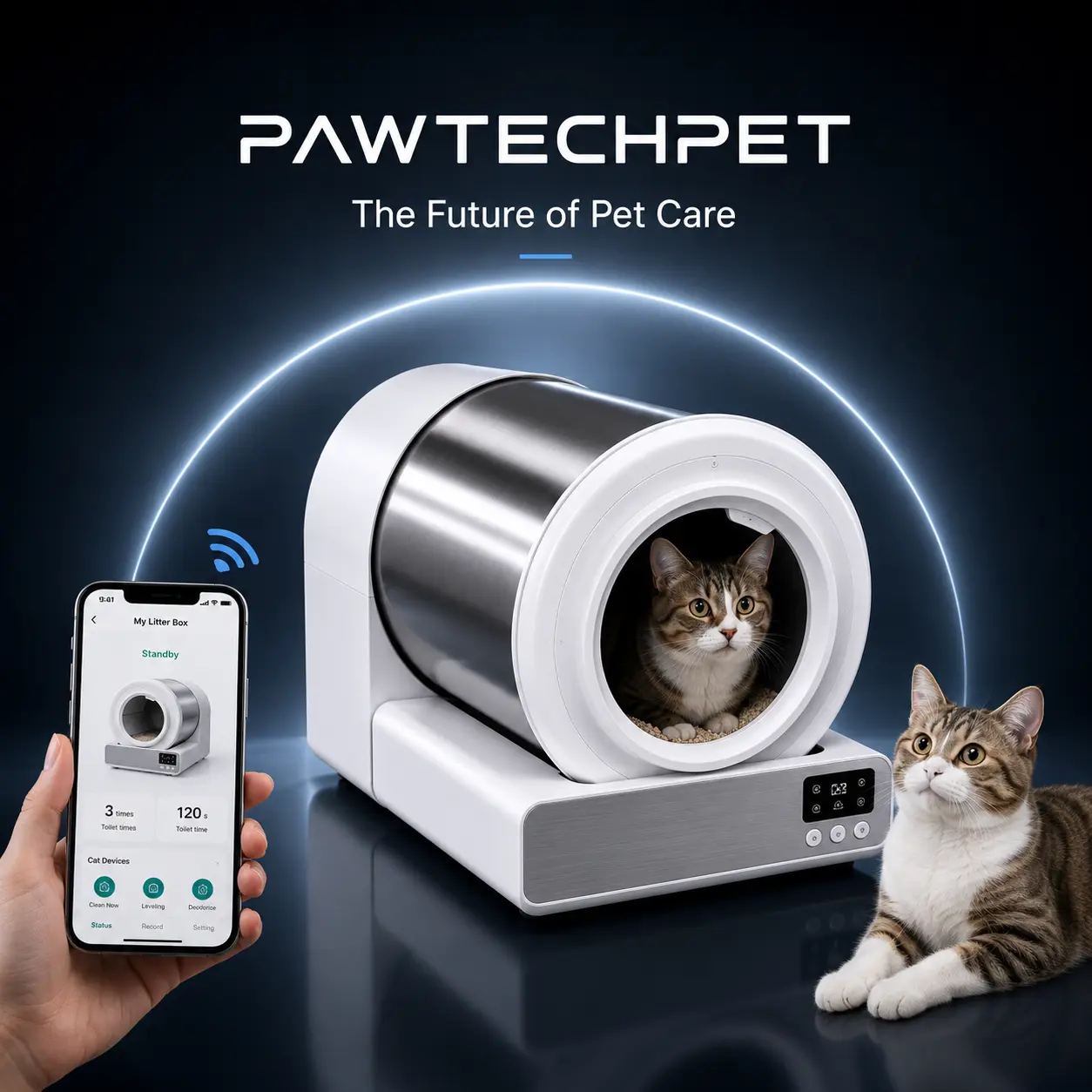 【 self cleaning litter box】Pawtech Stainless steel  Smart Low-Noise Auto-Cleaning Cat Litter Box (60L) - 2.4G WiFi APP-Controlled, Equipped with Smart Sensors, Safety Protection, Easy Maintenance #CatLitterBox#SmartLitterBox#PetEssentials#CatLovers