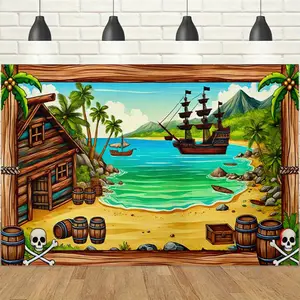 1pc 2D Vintage Pirate Beach Banner, Island Sailboat & Skull Barrel Printed Backdrop, Adventure Retro Vibe, Ideal for Pirate-Themed Parties, Retro Adventure Gatherings & Indoor/Outdoor Photo Booth Decor