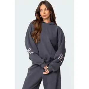 Bonney Bow Detail Hoodie Set, Womens 2 Piece Lounge Sets Bow Trim Print Hoodie Set Fall Fashion Oversized Sweatshirts Wide Leg Sweatpants Clothes Womenswear