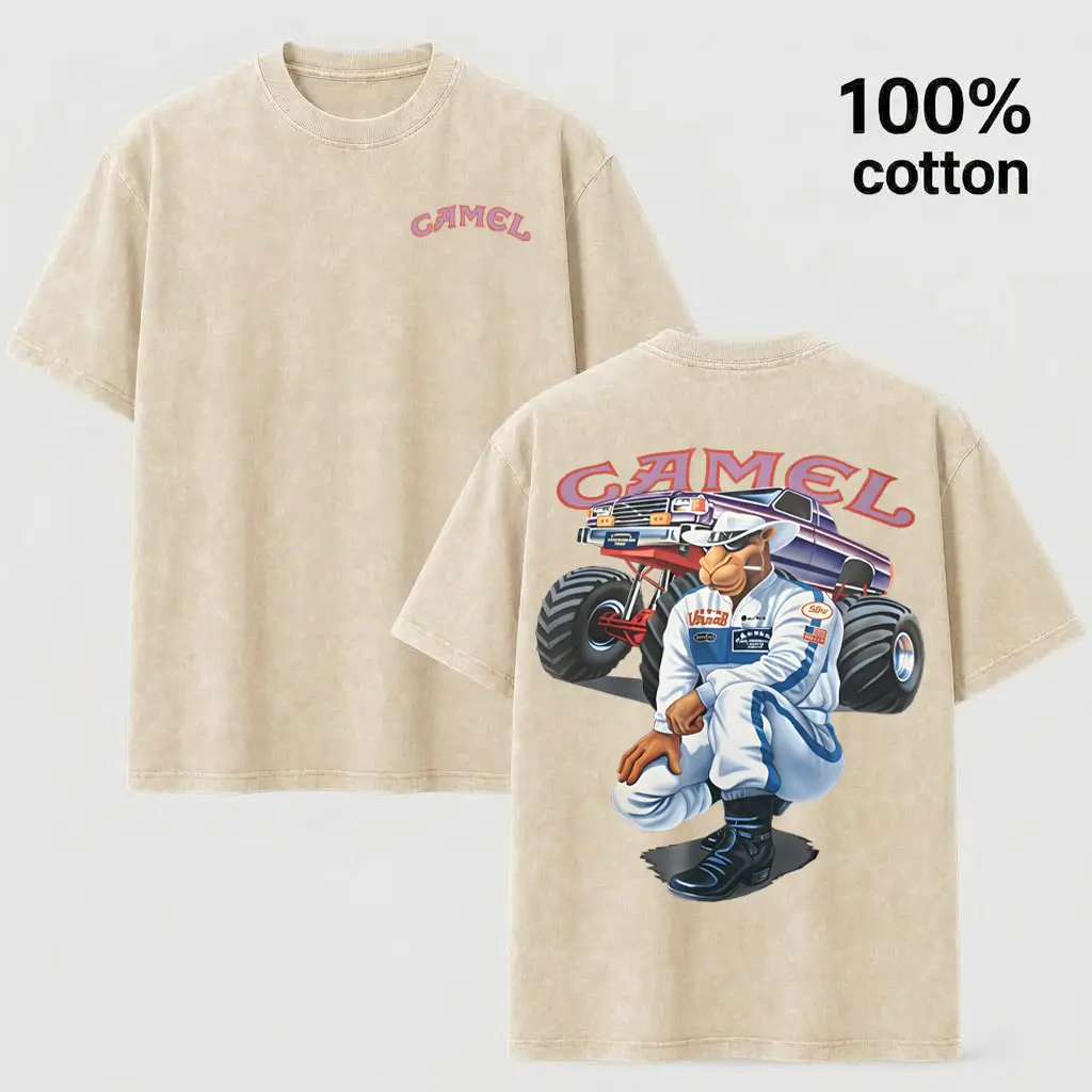 Men's Acid-Washed Vintage Graphic Tee with Retro Racing Truck Print, Heavyweight Shortsleeve Casual Menswear Top, Vintage Racing, Vintage Print