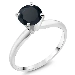 Gem Stone King 14K White Gold Black Zirconia Solitaire Engagement 4-Prong Ring For Women | 1.50 Cttw | Round 6MM | Gemstone Birthstone