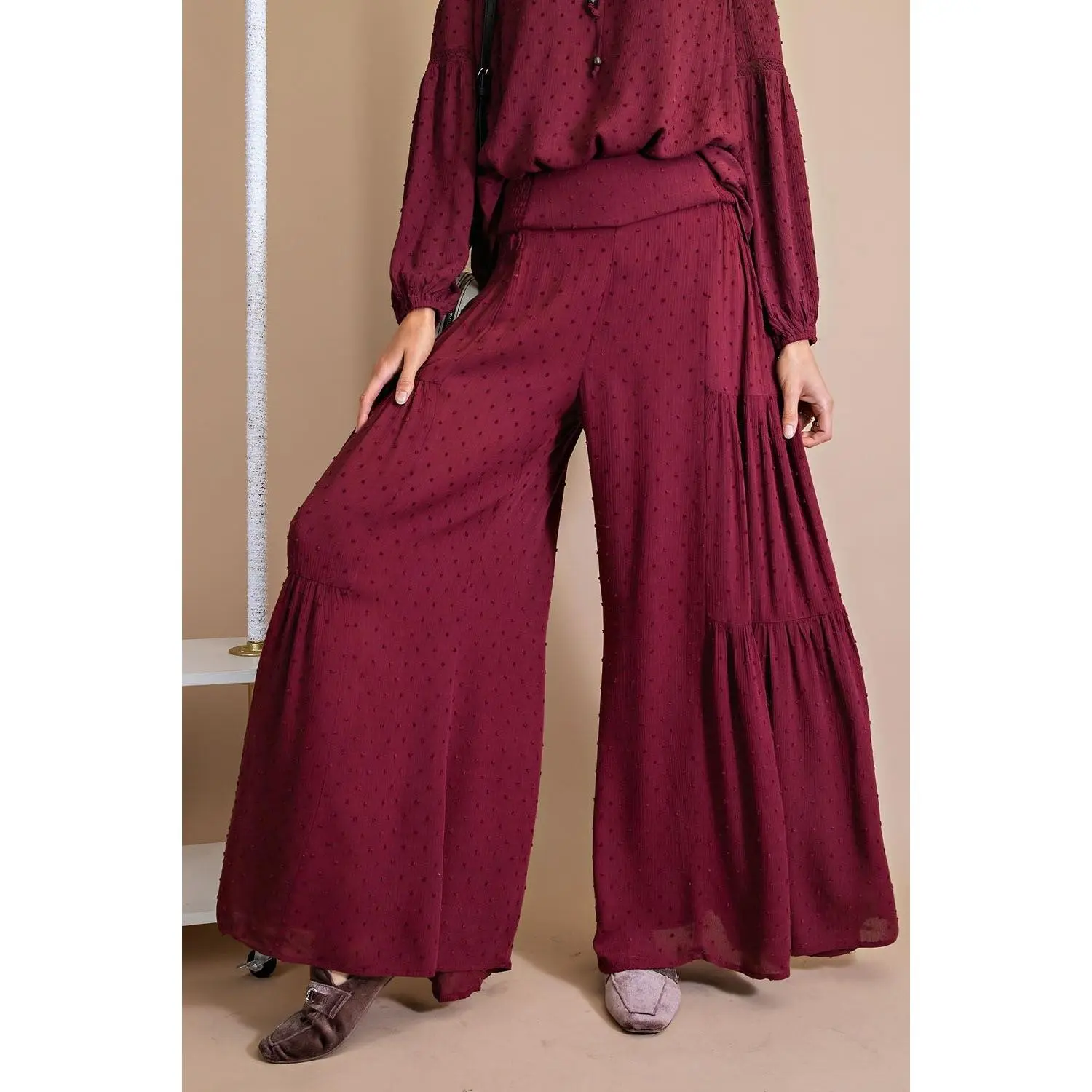 Easel Swiss Dot Wide Palazzo Pants -  Deep Plum