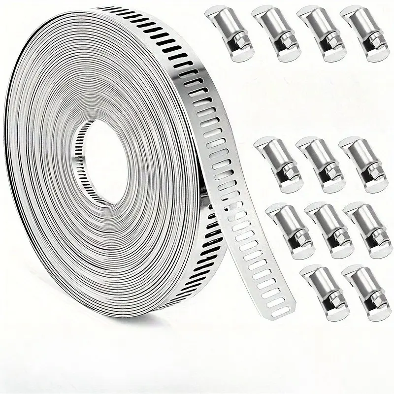 13pcs/set Durable Stainless Steel Hose Clamp Set - Adjustable Worm Gear with Fasteners, Metal Strapping for Automotive & Mechanical Applications, Rustproof & Waterproof Pipe Clamp, Hose Attachment, Pipe Fittings