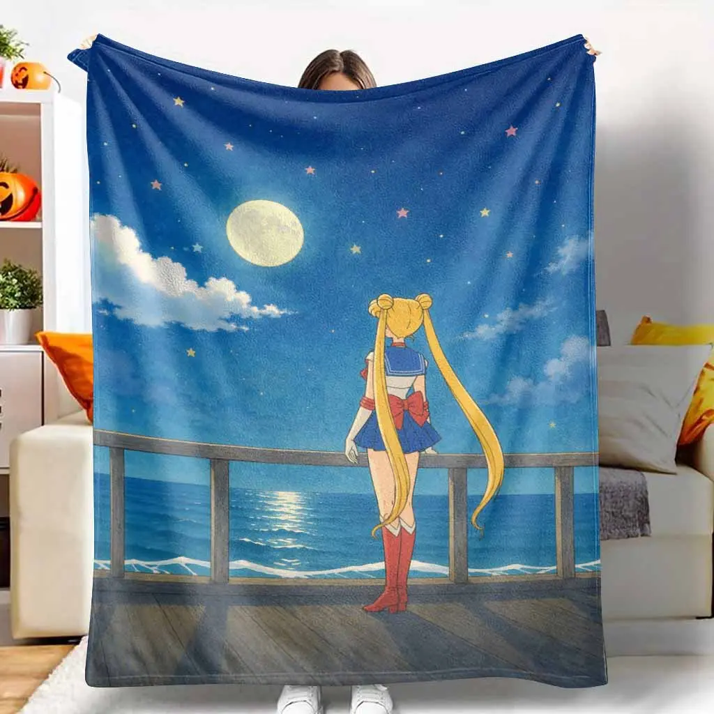 Moonlit Anime Girl Flannel Blanket Starry Ocean Night Print Soft Cozy Lightweight Warm Plush Throw for Sofa Bed Bedroom Dorm Travel Camping Reading Relaxing Gift