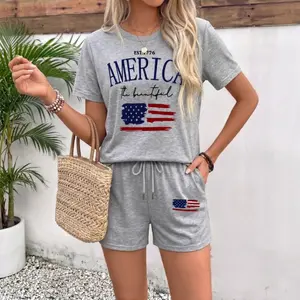 Trendy Women’s Short Sleeve Matching Set Featuring Vibrant US Flag Print, Soft Crew Neck Top and Elastic Waist Shorts, Ideal for Summer Travel, Beach, Vacation, Street Style, Home, Casual Everyday Wear, Breathable Lightweight Fabric, Patriotic Graphic for