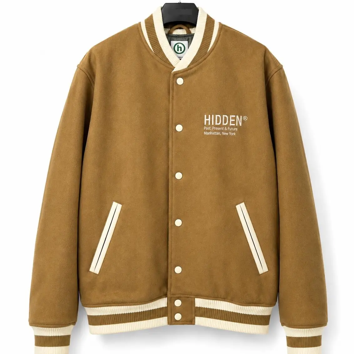 Menswear HIDDEN NY PPF Past Present Future Embroidered Ribbed Classic Casual Varsity Jacket - Tan Coats, Outerwear, Long Sleeve
