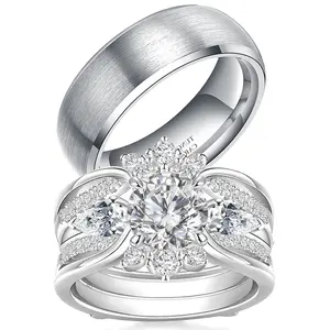1.5CT CZ Wedding Ring Set for Women & Men White Gold Plated Bridal Couple Rings Tungsten Ring Elegant Wedding Band