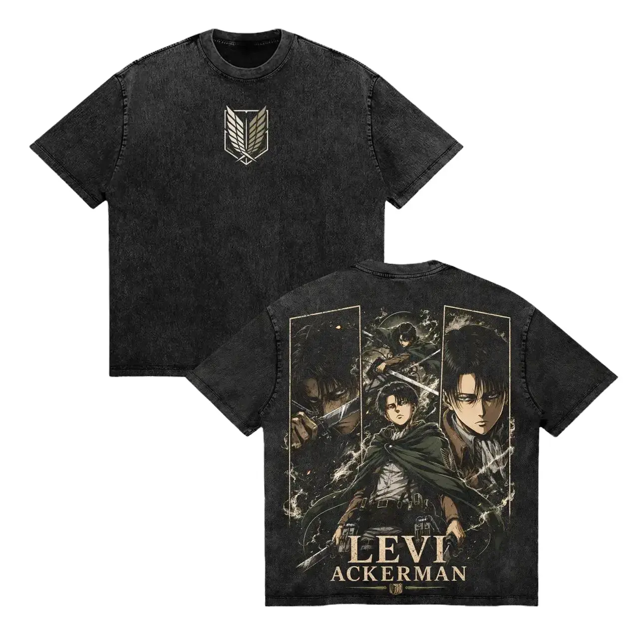 Men's Levi Ackerman Attack on Titan Character Short-Sleeve T-Shirt - Menswear Tops, Casual Vintage Washed Oversized Pure Cotton Fabric, High-Res 2D Vector Back Graphic, Round Neck, Machine Washable Black/White All Seasons Streetwear Gift, Classic, Heart