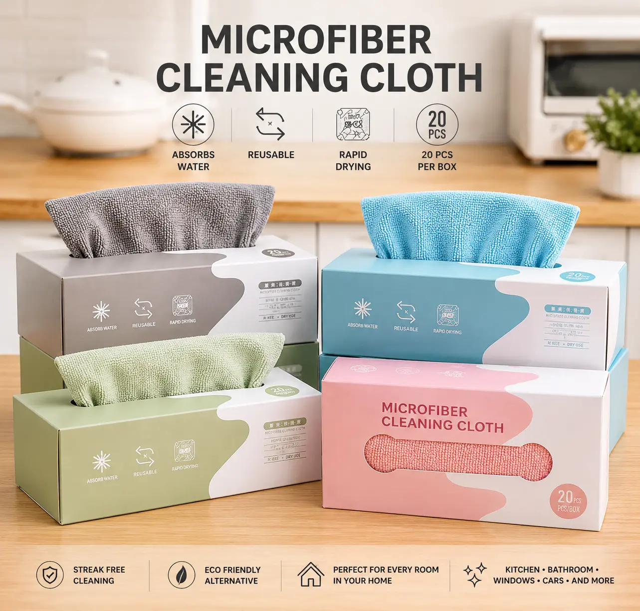 Reusable Microfiber Cleaning Cloth Box – Ultra Absorbent Washable Kitchen & Glass Cleaning Wipes (20 PCS) Household