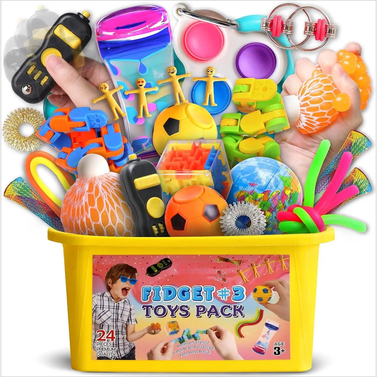 FunKidz 001-XLL Mystery Pack Sensory Bundle - Over 3+ Fidget Toys Pack with Squishies, Stress Ball, Portable Storage Box for Kids 3-12, Autistic Children