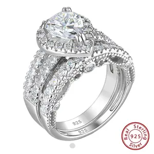 White Gold 925 Sterling Silver Wedding Engagement Rings Set for Women Pear Cut AAAAA CZ Imitation Diamond Vintage Bridal Jewelry QR9179_SS/Y/R  #Love Story