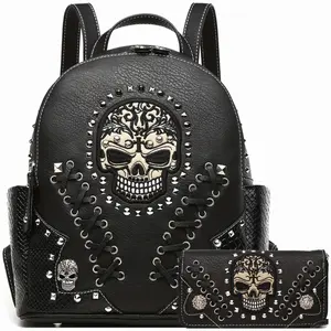 Sugar Skull Punk Art Studded Motorcycle Wallet Women's Fashion Backpack Python Backpack Crossbody Bag Wallet Set, Black Set, Ideal Christmas Gift