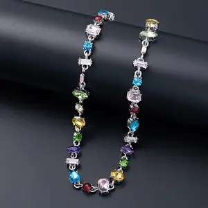 Luxurious alloy necklace with multi-colored synthetic gemstone, silver plating with brilliant zirconium chain for daily wear