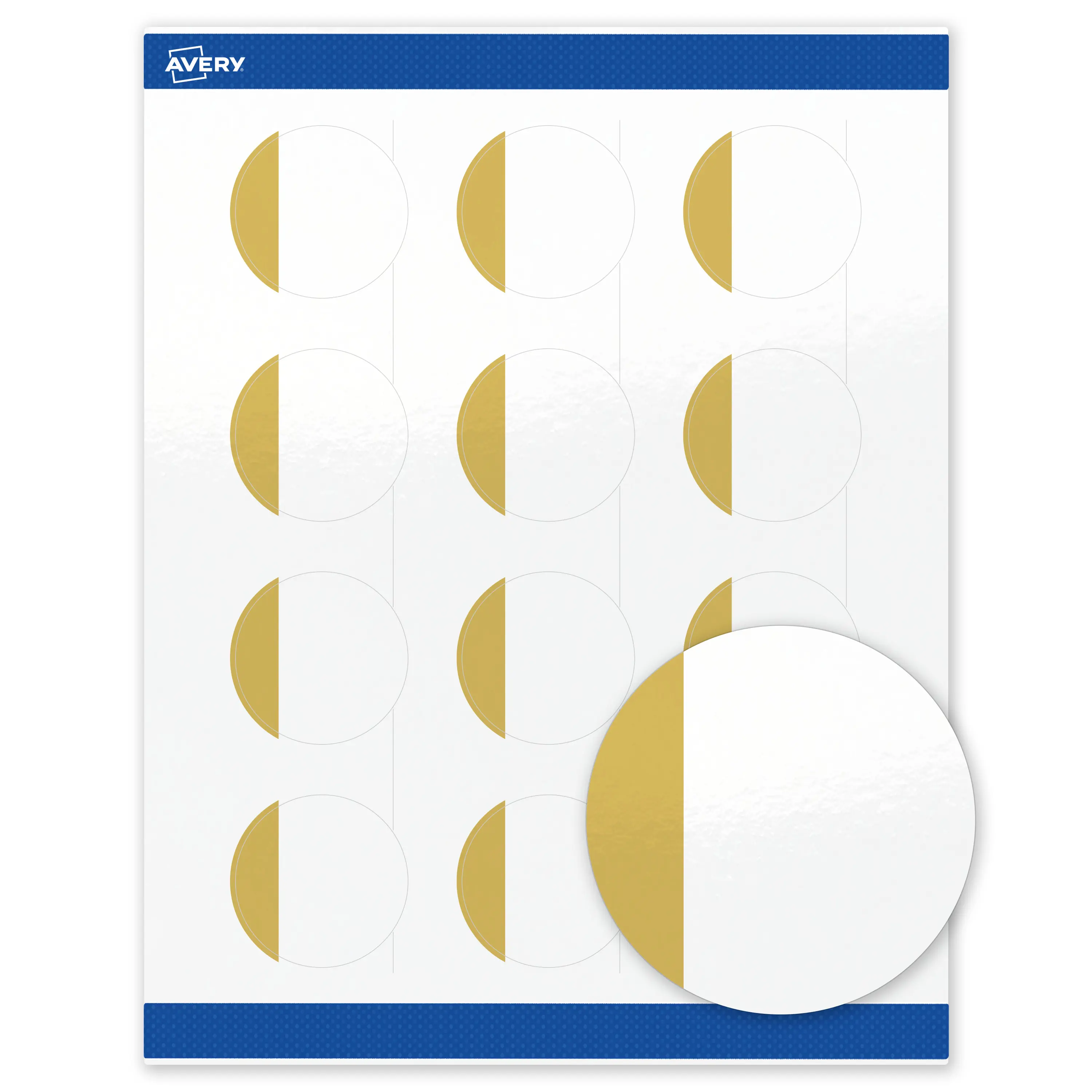 Avery Printable Round Labels with Sure Feed Technology, Dipped Gold Edge Design, 2" Diameter, Glossy White Permanent Labels, Laser/Inkjet, 120 Total, Great for Product Labels