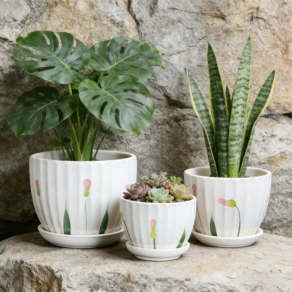 3-Pack Spring Bud Ceramic Decorative Flower Pot Set 3 Pcs with Saucer, Cream White Garden Pot Planter for Plants, Small Medium Large Pots for Monstera Snake Plant Succulents, Indoor Home Decor