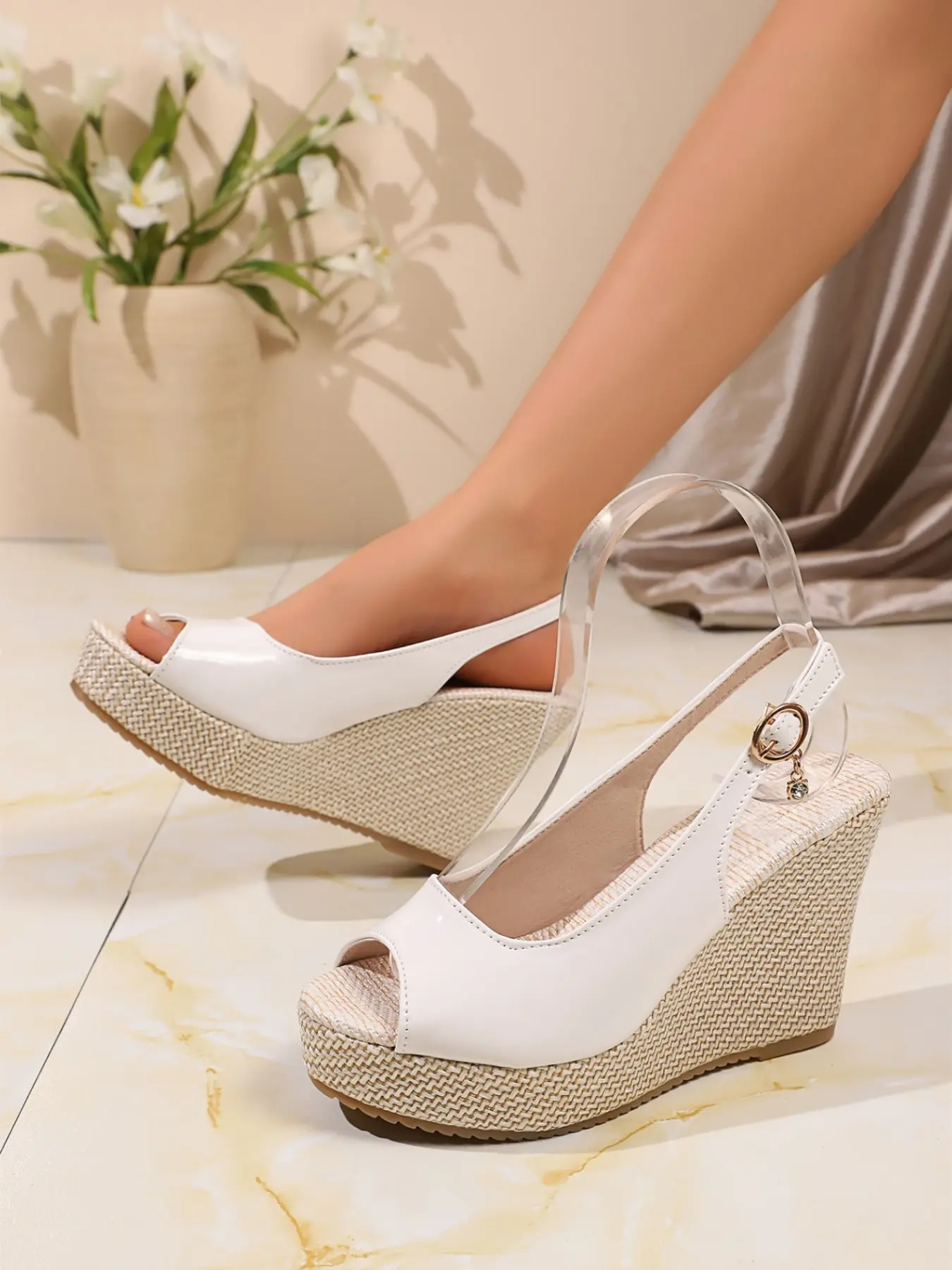 Women's Black Patent Leather Peep Toe Espadrille Wedge Heel Ankle Strap Sandals, Toe Exposed Shoes, French Summer Vacation Beach-Chic Style, Non-Slip Casual Fashion Sandals, Peep Toe Heels #PeepToeWedgeSandals, #BeachChicShoes, #SummerVacationChic