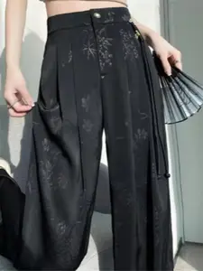 New Dark Floral Jacquard Wide Leg Pants, Bamboo Leaf Pattern, Drape Fabric, Side Tassels, Commuter Traditional Style