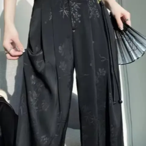 New Elegant Dark Floral Jacquard Wide Leg Baggy Pants, Boho Bamboo Leaf Pattern Trousers, Commuter Style