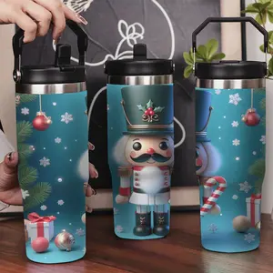 30oz Stainless Steel Insulated Tumbler with Leak-Proof Lid & Portable Handle - Nutcracker Soldier Doll & Christmas traditional elements pattern,Long-Lasting Hot/Cold Insulation,Perfect for Car,Office,Travel and Christmas Gifts