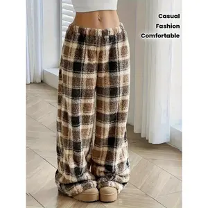 Casual women's plaid pattern plush comfortable warm autumn and winter straight leg pants long pants for home and outdoor fashion women's underwear mixed colorRAIMENTRY